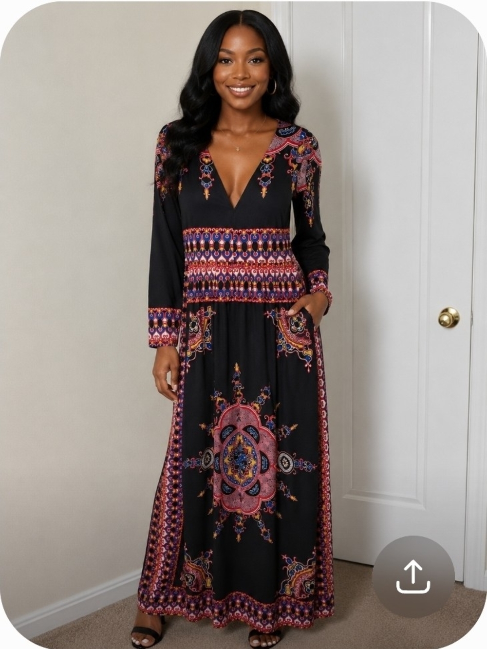 Black V-Neck Boho Maxi Dress with Pink & Purple Medallion Print
